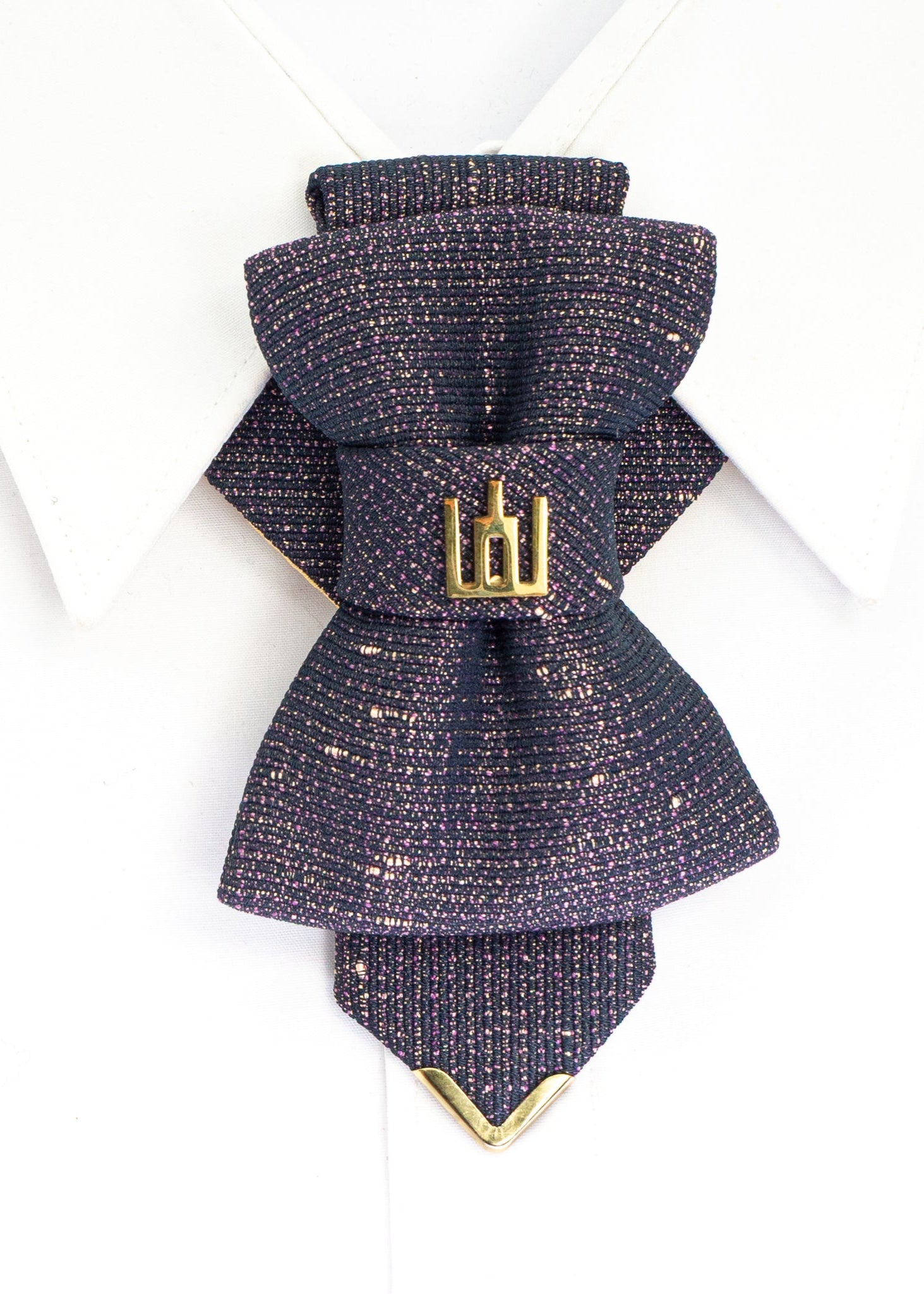Handmade luxury necktie with Gediminas Columns symbol, unique jabot-style design in dark fabric with gold and purple shimmer, accented with golden details. Perfect quality artisan tie for weddings, cultural events, national heritage celebrations, or elegant occasions. Exclusive unisex accessory, ideal gift for those who value craftsmanship, individuality, and timeless style.