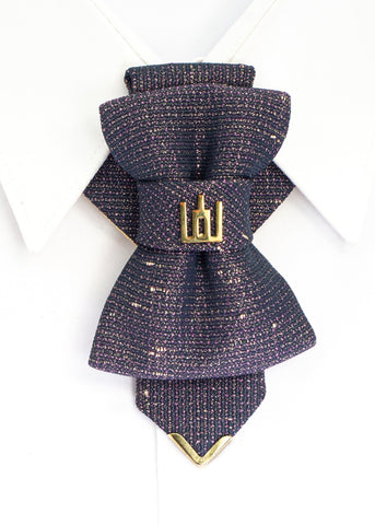 Handmade luxury necktie with Gediminas Columns symbol, unique jabot-style design in dark fabric with gold and purple shimmer, accented with golden details. Perfect quality artisan tie for weddings, cultural events, national heritage celebrations, or elegant occasions. Exclusive unisex accessory, ideal gift for those who value craftsmanship, individuality, and timeless style.