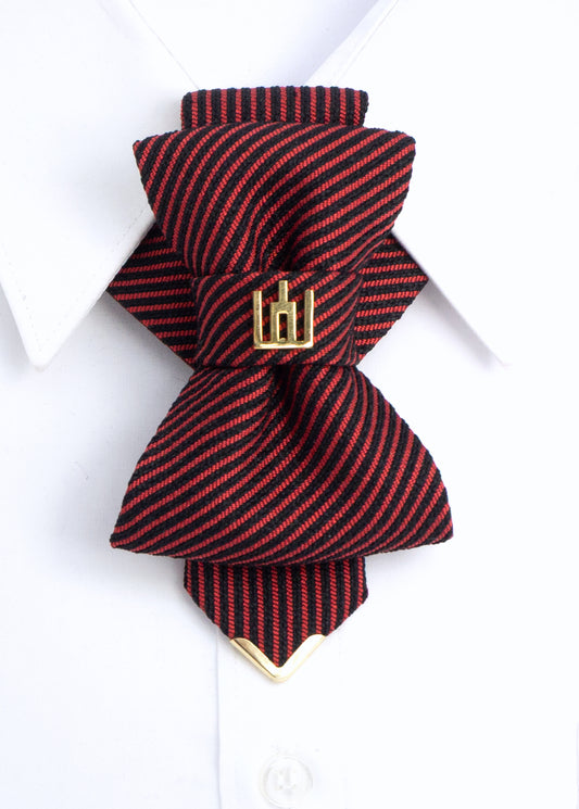 red black striped jabot tie, gold Gedimino stulpai emblem, handmade heritage necktie, Lithuanian cultural fashion, artisan jabot-style tie, elegant striped tie gold badge, luxury heritage necktie, cultural fashion accessory, Lithuanian identity tie, formal jabot tie, handcrafted Lithuanian motif tie