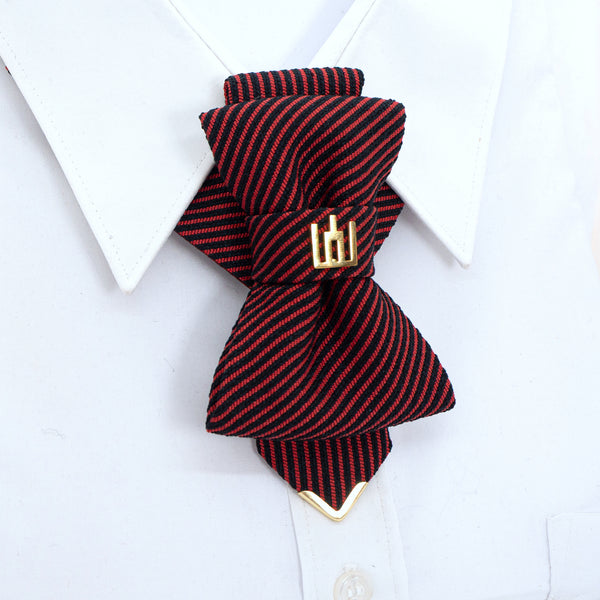 Red and black striped bow tie with gold accents on a white shirt red black striped jabot tie, gold Gedimino stulpai emblem, handmade heritage necktie, Lithuanian cultural fashion, artisan jabot-style tie, elegant striped tie gold badge, luxury heritage necktie, cultural fashion accessory, Lithuanian identity tie, formal jabot tie, handcrafted Lithuanian motif tie