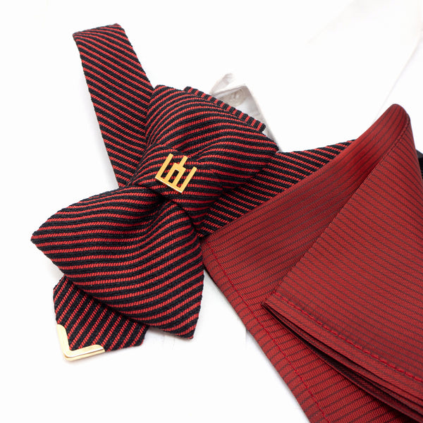 Red and black striped bow tie with a pocket square on a white background red black striped jabot tie, gold Gedimino stulpai emblem, handmade heritage necktie, Lithuanian cultural fashion, artisan jabot-style tie, elegant striped tie gold badge, luxury heritage necktie, cultural fashion accessory, Lithuanian identity tie, formal jabot tie, handcrafted Lithuanian motif tie