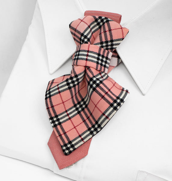 Pink and black plaid tie on a white shirt with a white background Handmade luxury women’s necktie accessory in pink plaid design, unique wedding and special occasion neckwear, elegant fashion statement tie, modern alternative to bow tie, handcrafted designer accessory for bride, bridesmaid, or stylish guest, exclusive feminine neck accessory, chic and artistic neckwear gift, original handmade women’s fashion detail for parties, events, and luxury outfits.