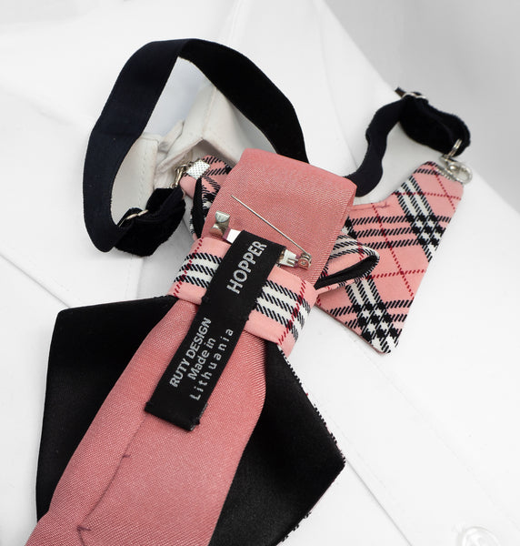 Pink and black plaid bow tie with 'Hopper' label on a white background Handmade luxury women’s necktie accessory in pink plaid design, unique wedding and special occasion neckwear, elegant fashion statement tie, modern alternative to bow tie, handcrafted designer accessory for bride, bridesmaid, or stylish guest, exclusive feminine neck accessory, chic and artistic neckwear gift, original handmade women’s fashion detail for parties, events, and luxury outfits.