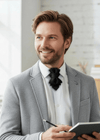 Man in a gray suit holding a tablet in an office setting  Bow tie, hopper tie, Ruty Design, Vertical hopper hand made a tie, Grooms bow tie, necktie, high-end fashion, Semi-Formal Look With Stylish Men’s Neckwear, Fashion gift for men, Vilnius bow tie, Men's Ties, bow tie for men online, Black bow tie, vertical bow tie, unusual tie for wedding, Wedding Ties for Grooms