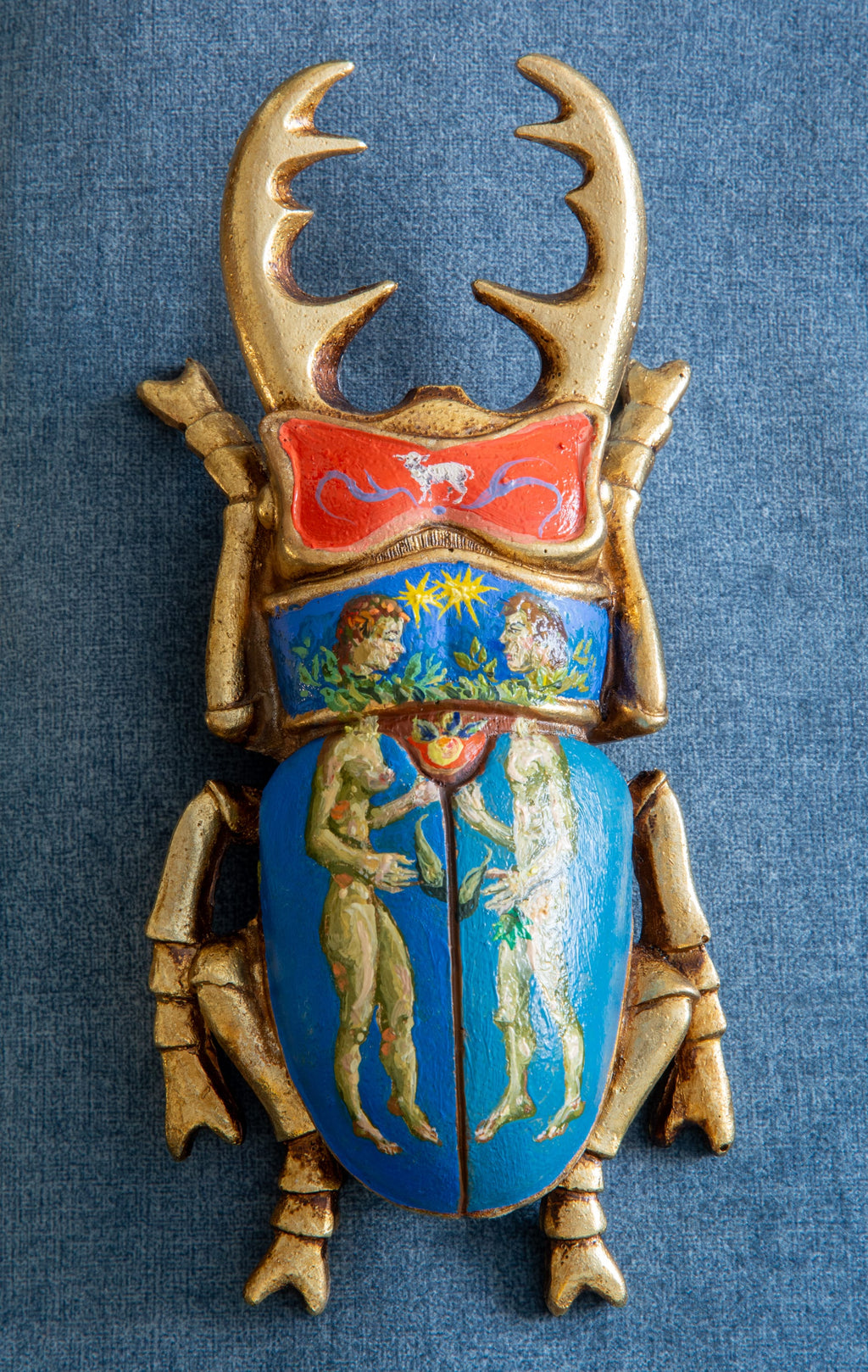 Mythic Scarab  Hand Painted Gold Beetle Wall Sculpture, Mythological Interior Art 20x10 cm