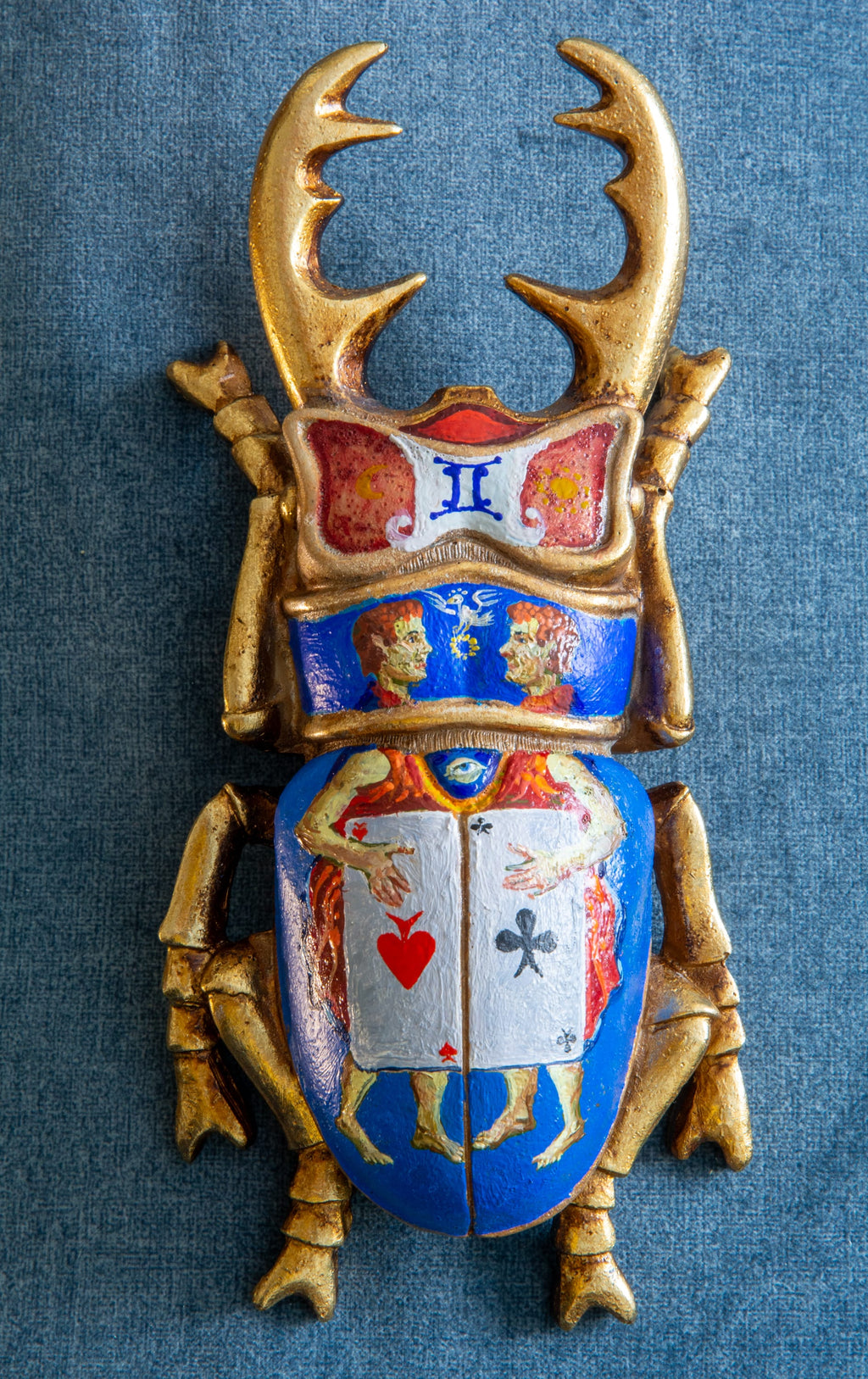 Mythic Scarab  Hand Painted Gold Beetle Wall Sculpture, Mythological Interior Art 20x10 cm
