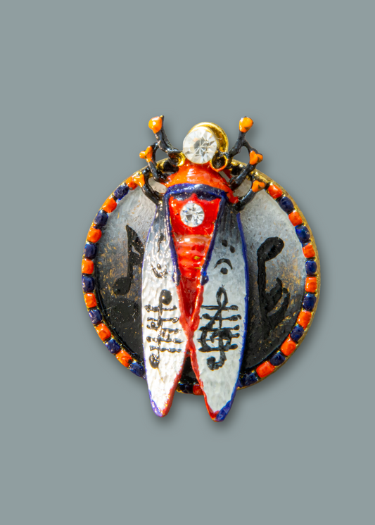 Decorative brooch with intricate design on a gray background hand painted insect brooch, enamel beetle brooch, cicada brooch jewelry, rhinestone insect brooch, colorful bug brooch, artistic insect pin, handmade enamel brooch, statement insect jewelry, unique bug brooch, designer insect brooch, red black white beetle brooch, decorative insect pin, nature inspired brooch, collectible insect jewelry, whimsical bug brooch, vintage style insect brooch, artistic enamel insect pin, crystal insect brooch, handmade 