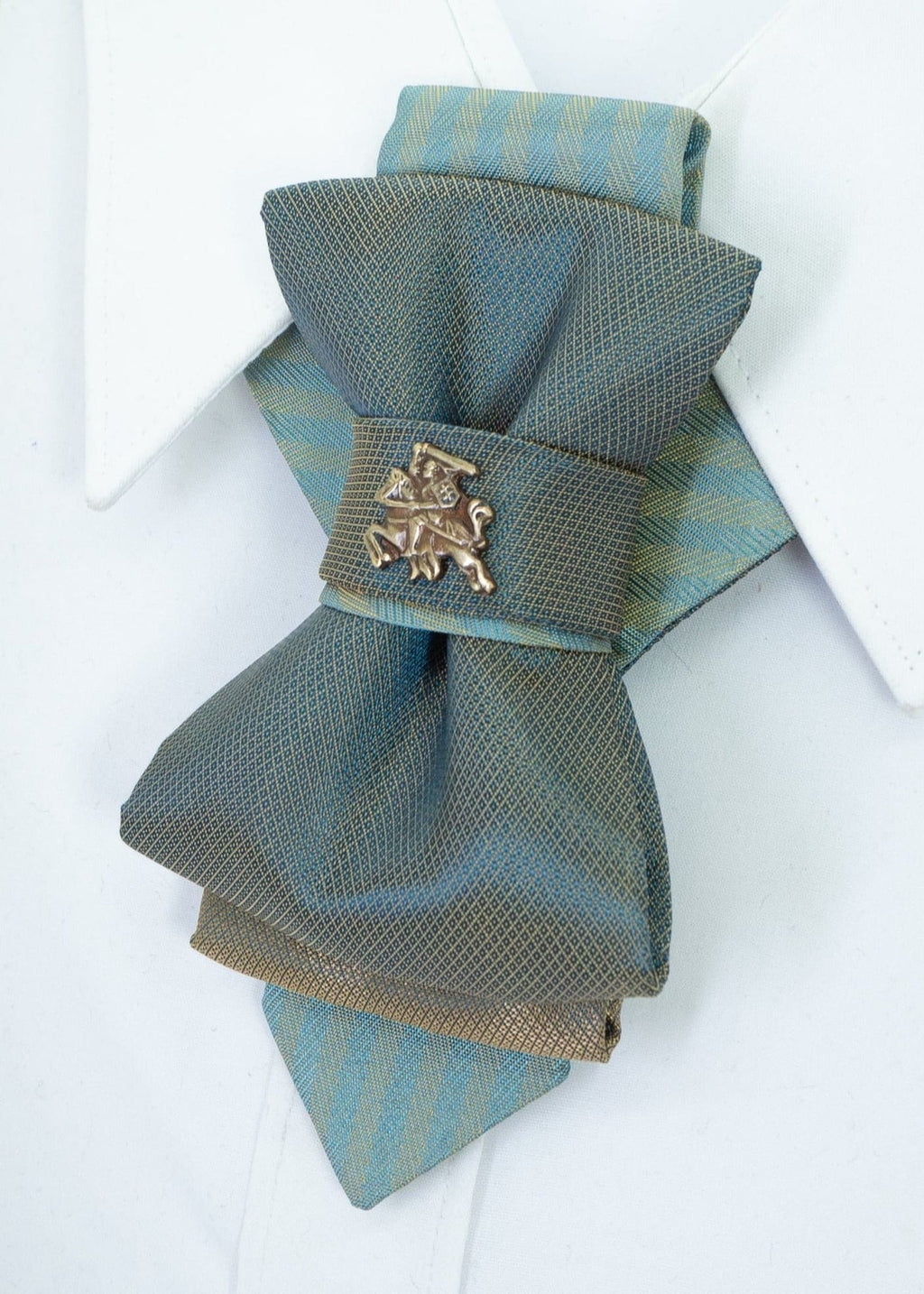 handmade luxury hopper tie, 13 cm vertical bow tie necklace, unique designer neck accessory, teal and gold fabric tie with metal pin, modern unisex statement tie, artistic wedding neckwear, groom alternative tie, minimalist luxury fashion accessory, handcrafted european design neckpiece