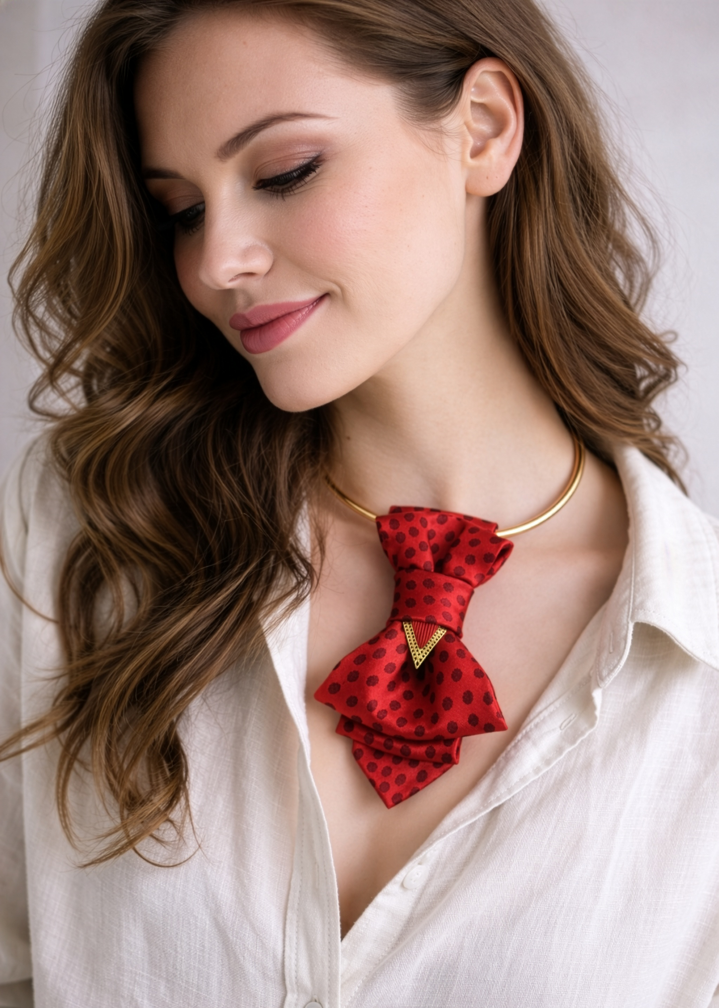 Woman wearing a red polka dot bow tie with a white shirt red bow tie necklace, handmade red neck accessory, women statement necklace, polka dot bow tie necklace, elegant women neckwear, silk bow necklace for women, artistic neck accessory, modern women jewelry, red necklace with gold detail, unique handmade jewelry, casual elegant necklace, fashion accessory for women, minimalist outfit necklace, designer bow tie necklace, women gift idea, French style jewelry, everyday statement necklace, artistic fashion 