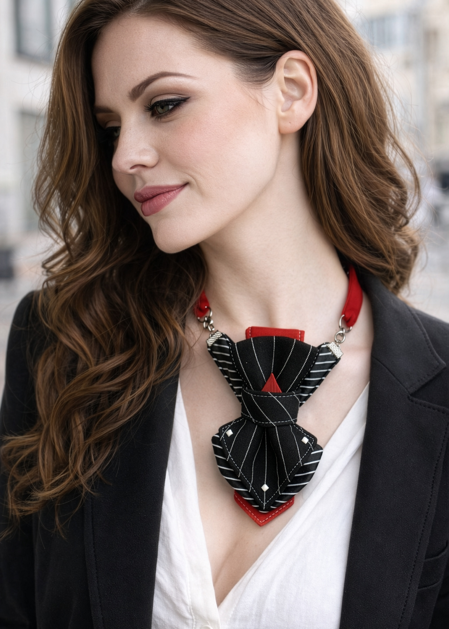 Woman wearing a black and red necklace with a blurred cityscape background Handmade Luxury Black Bow Tie Necklace for Women – Designer Statement Neck Accessory in Black & Red