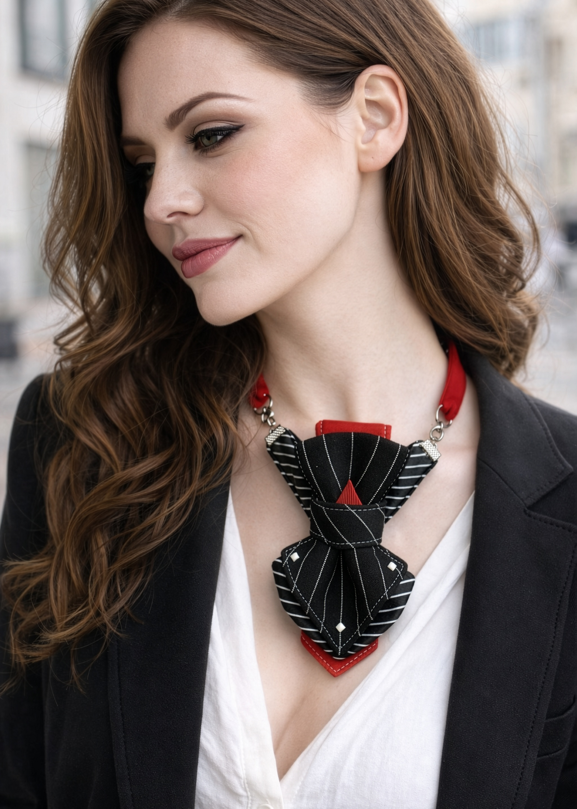 Woman wearing a black and red necklace with a blurred cityscape background Handmade Luxury Black Bow Tie Necklace for Women – Designer Statement Neck Accessory in Black & Red
