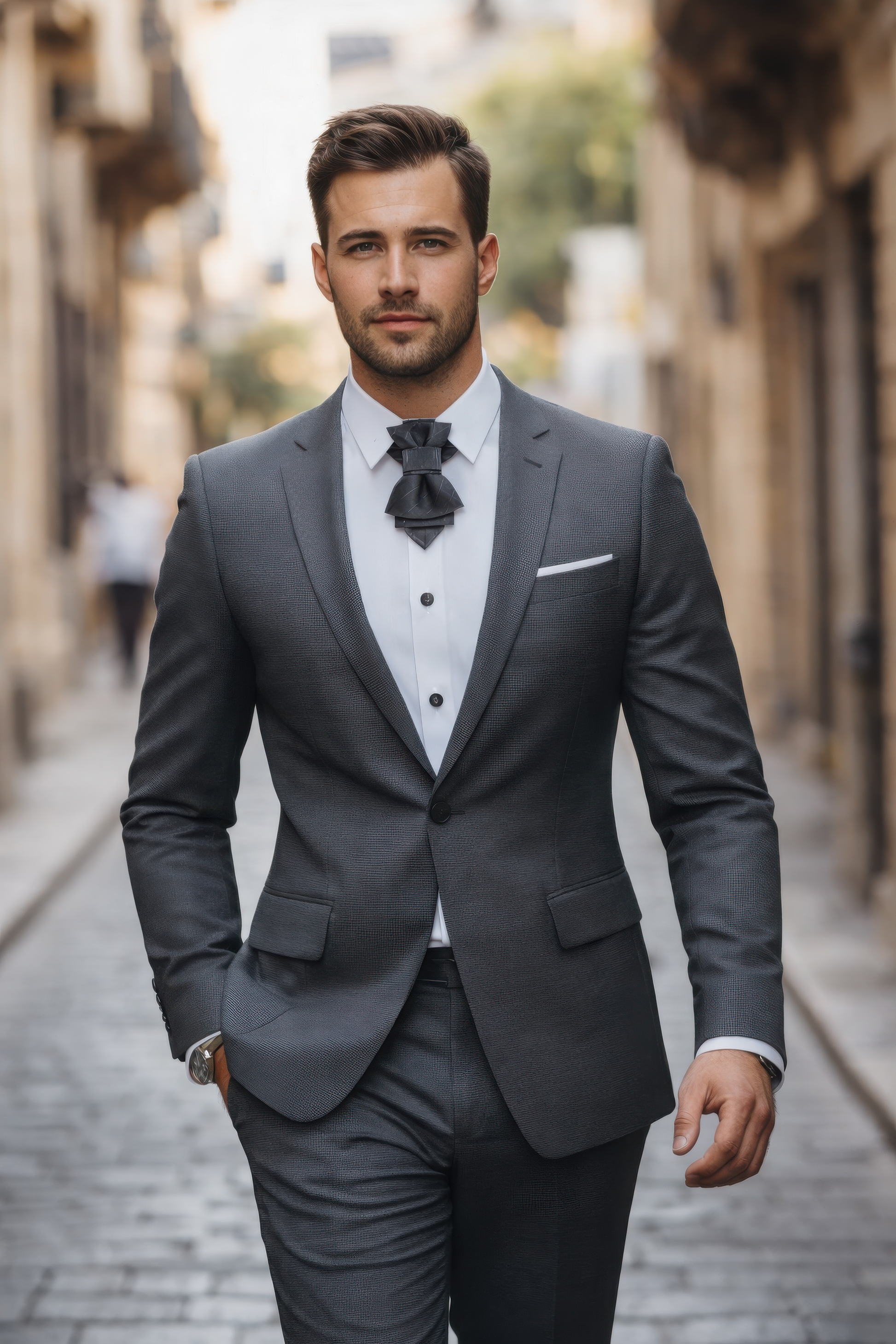 Man in a gray suit standing on a street handmade black bow tie for men, black wedding bow tie for groom, unique black statement bow tie, luxury handmade black bow tie, designer black bow tie men, modern black wedding bow tie, artistic black bow tie design, groom statement bow tie black, black formal bow tie unisex, alternative black bow tie style, creative handmade black neckwear, stylish black bow tie events, elegant modern black bow tie, fashion forward black bow tie, bold designer black bow tie