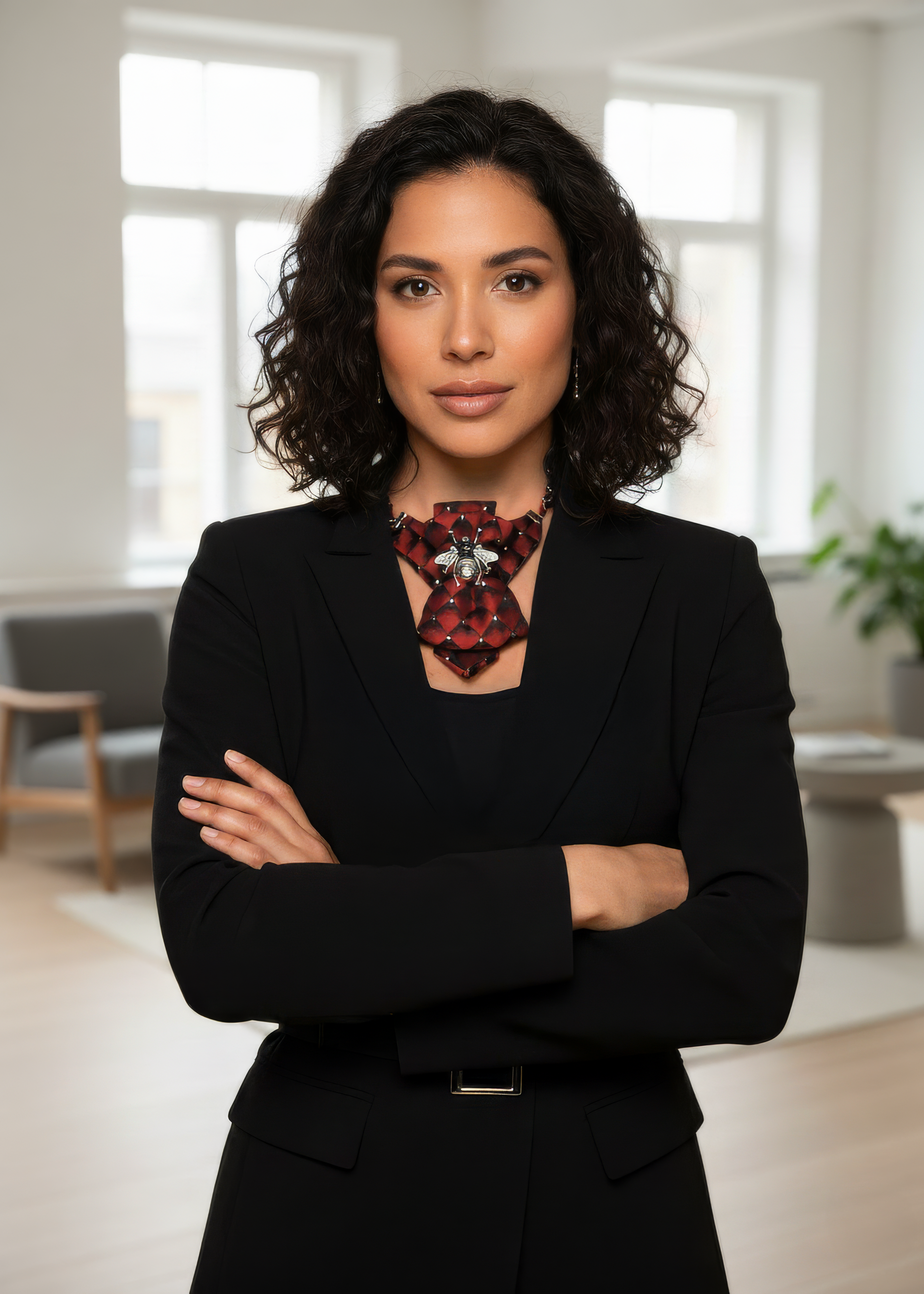 Woman in a black suit with a red necklace standing in a modern office uxury necktie, unisex bow tie, red statement tie, bee brooch accessory, handmade fashion tie, modern neckwear, artistic bow tie, designer hopper tie, unique suit accessory, bold red tie, gothic elegant necktie, men women formal tie, statement jewelry neckwear, wedding bow tie, opera concert accessory, victorian style tie, black suit accent, couture neckpiece, stylish formal accessory, dramatic bow tie