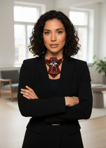 Woman in a black suit with a red necklace standing in a modern office uxury necktie, unisex bow tie, red statement tie, bee brooch accessory, handmade fashion tie, modern neckwear, artistic bow tie, designer hopper tie, unique suit accessory, bold red tie, gothic elegant necktie, men women formal tie, statement jewelry neckwear, wedding bow tie, opera concert accessory, victorian style tie, black suit accent, couture neckpiece, stylish formal accessory, dramatic bow tie