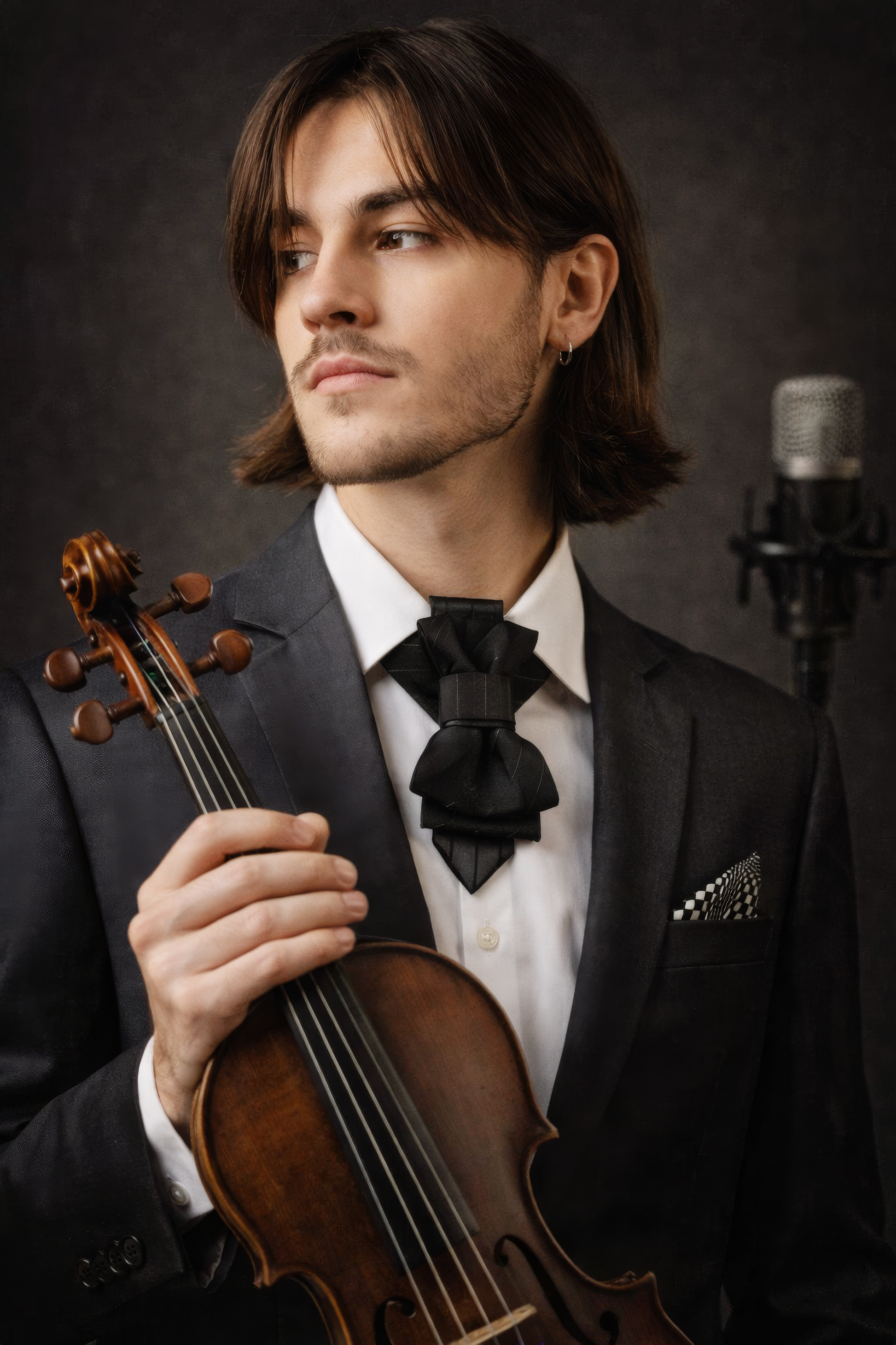 Man in formal attire holding a violin with a microphone in the background Man in a suit holding a violin against a dark background Handmade black wedding necktie

Luxury black Hopper tie

Unique black bow tie for groom

Designer black necktie for men

Artistic handmade bow tie

Modern black wedding accessory

Bold and stylish black bow tie

Fashion-forward groom tie

Creative luxury neckwear

Trendy black statement tie

Elegant black bow tie alternative

Unisex black formal necktie

Original design black ti