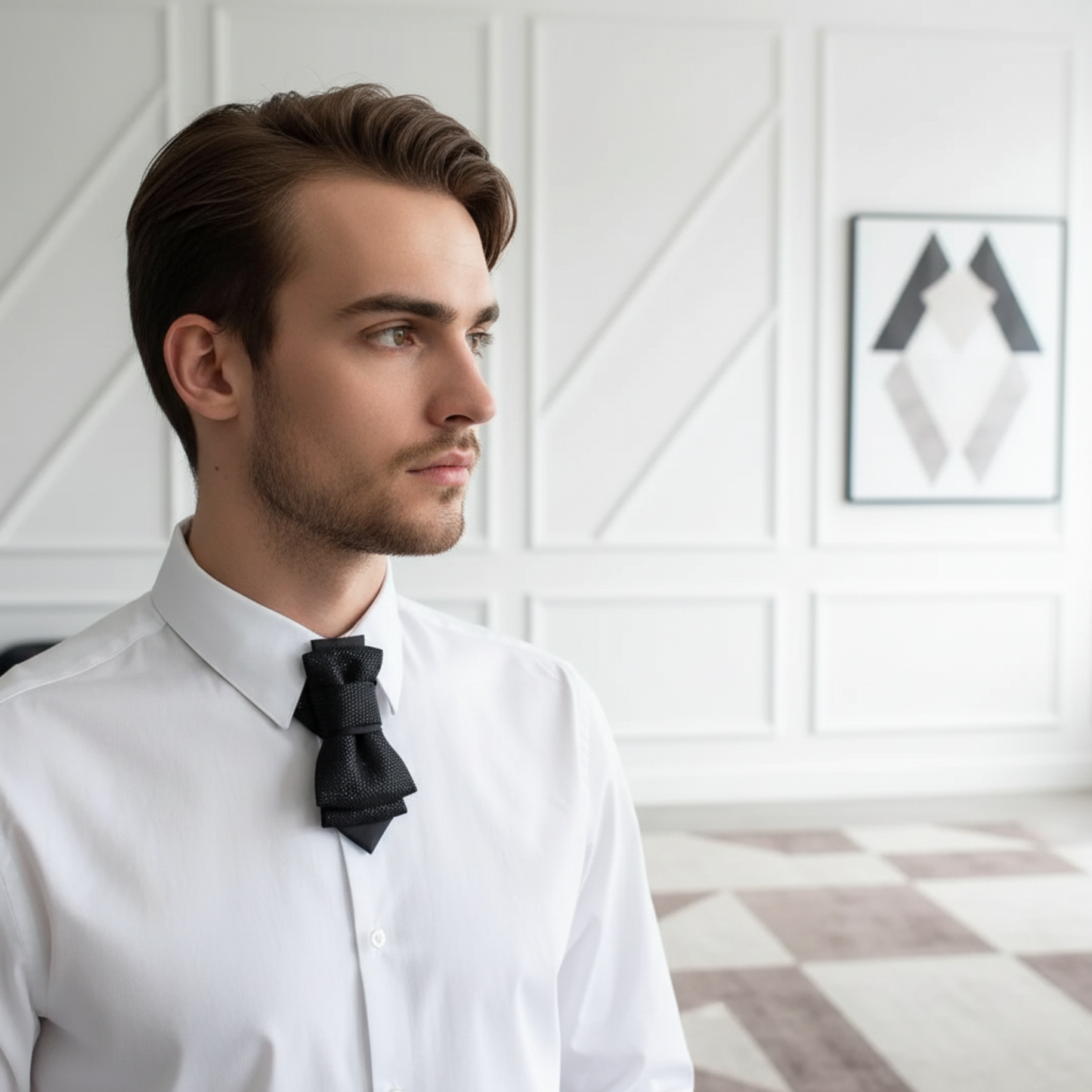 Man wearing a white shirt with a black bow tie in a room with a geometric wall design. HOPPER TIE THE BLACK SHINING, High-quality handmade bow ties Original design bow ties, Wedding bow ties e-shop, Designer bow ties for weddings, Handcrafted bow ties for grooms, Unique wedding accessories Handmade bow ties for men, Original bow ties for groomsmen, Custom wedding bow ties