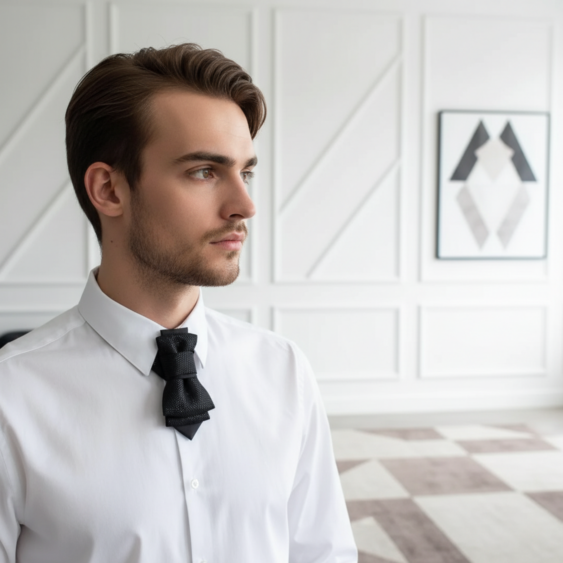 Man wearing a white shirt with a black bow tie in a room with a geometric wall design. HOPPER TIE THE BLACK SHINING, High-quality handmade bow ties Original design bow ties, Wedding bow ties e-shop, Designer bow ties for weddings, Handcrafted bow ties for grooms, Unique wedding accessories Handmade bow ties for men, Original bow ties for groomsmen, Custom wedding bow ties