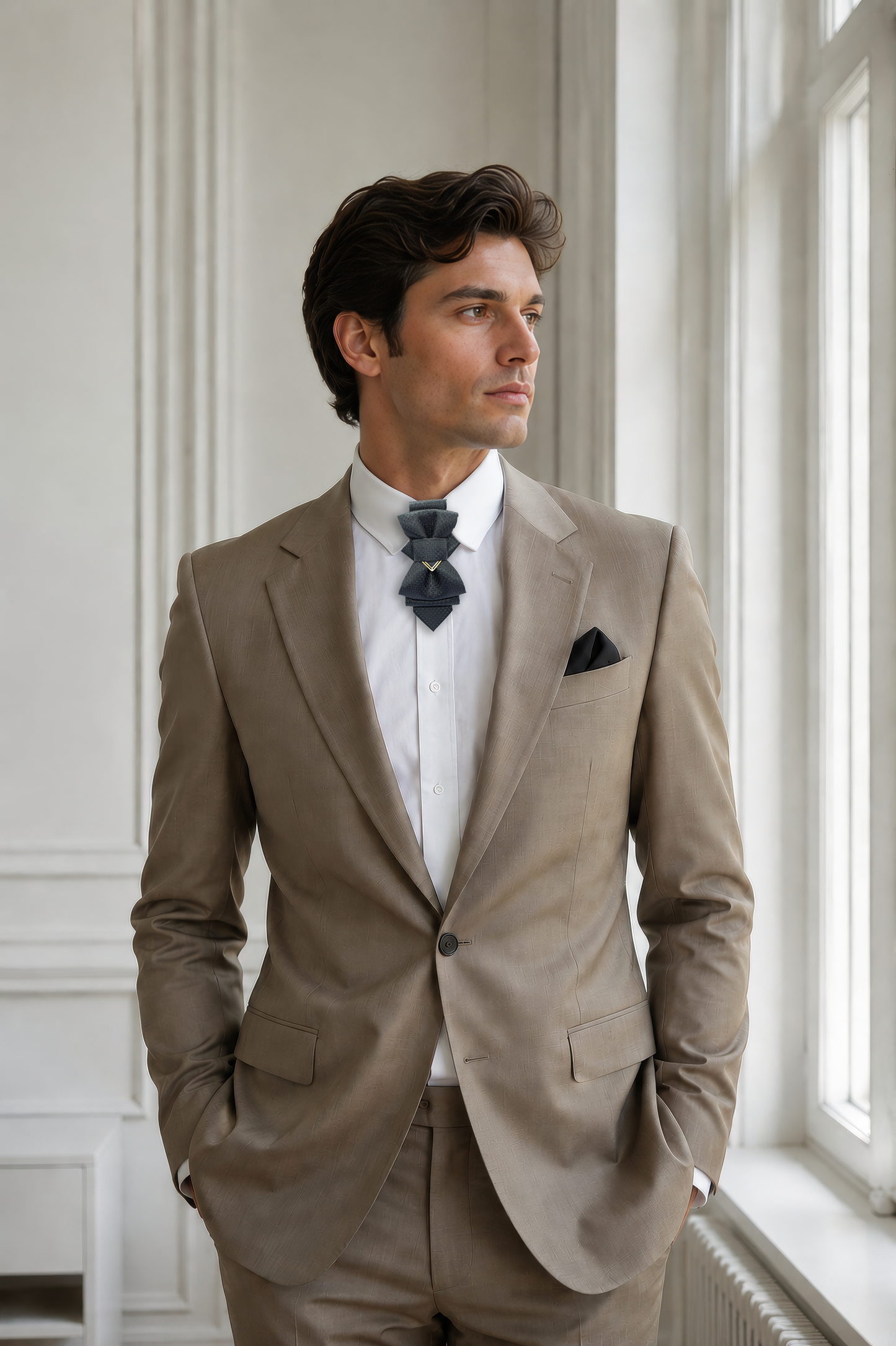 Man wearing a beige suit with a white shirt and patterned tie in a room with large windows Man in a formal suit standing in a train station Handmade luxury black bow tie for weddings, Black wedding bow tie, Unique artistic black necktie for stylish men, Designer black bow tie for grooms and musicians, Elegant black wedding bow tie by Rūta Piekurienė, High-end handmade black tie for special occasions, Artistic luxury black bow tie for men, Unique wedding bow tie crafted by Rūta Piekurienė