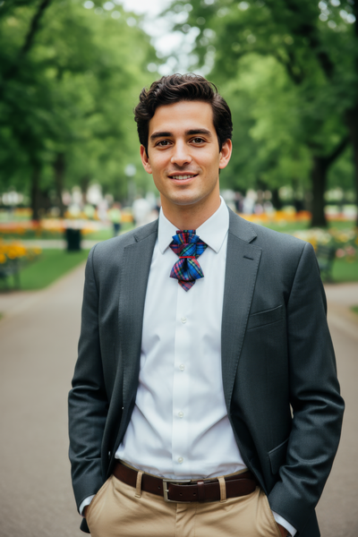 Man in a suit with a colorful tie standing outdoors in a park. Vibrant plaid necktie, intricate folds, blue red green black, close-up, colorful tartan, red accent strap, stylish, complex pattern, primary colors, plain white surface, fashion accessory, unique, multi-layered bow tie, traditional Scottish tartan print, neatly arranged, geometric fold, red blue green hues