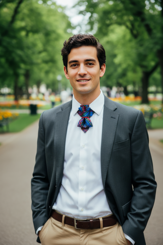 Man in a suit with a colorful tie standing outdoors in a park. Vibrant plaid necktie, intricate folds, blue red green black, close-up, colorful tartan, red accent strap, stylish, complex pattern, primary colors, plain white surface, fashion accessory, unique, multi-layered bow tie, traditional Scottish tartan print, neatly arranged, geometric fold, red blue green hues