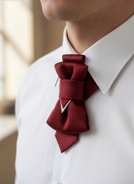 Red wedding necktie, unique design, handmade, luxury, close-up, white shirt, formal wear, special occasion, bespoke, elegant, sophisticated, stylish, vibrant red, intricate folds, detailed craftsmanship, high-quality fabric, fashion accessory, groom attire, distinguished, statement piece, exclusive, modern, chic, timeless, celebratory, memorable, opulent, refined, sharp, dapper, sartorial, personalized, exclusive, eye-catching, festive, grand, striking, suave, tasteful, distinguished, exceptional, polished,