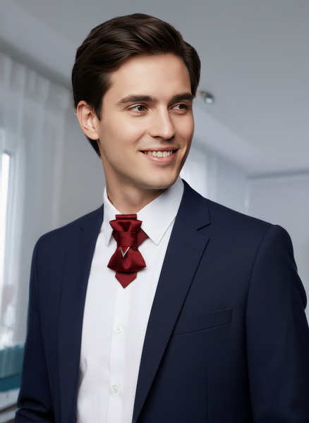 Man wearing a navy suit with a red tie in an indoor setting