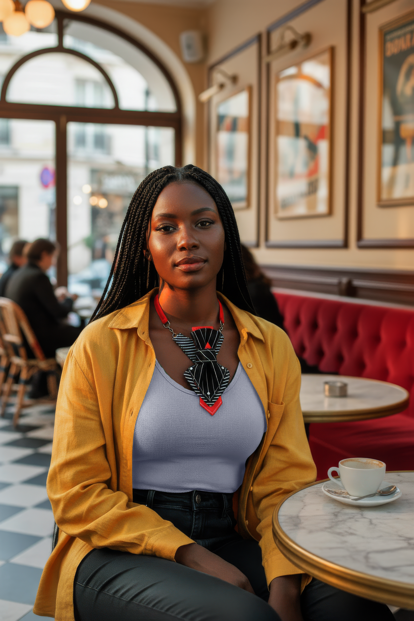 Woman sitting at a cafe table with a cup of coffee, wearing a yellow jacket and green topHOPPER TIE ACCORD FOR LADIES, Bow tie hopper tie, Created by Ruty Design, ties for the couple, Vertical hopper hand made ties, HOPPER TIE ACCORD, ladies necktie, bow tie for women, girls tie