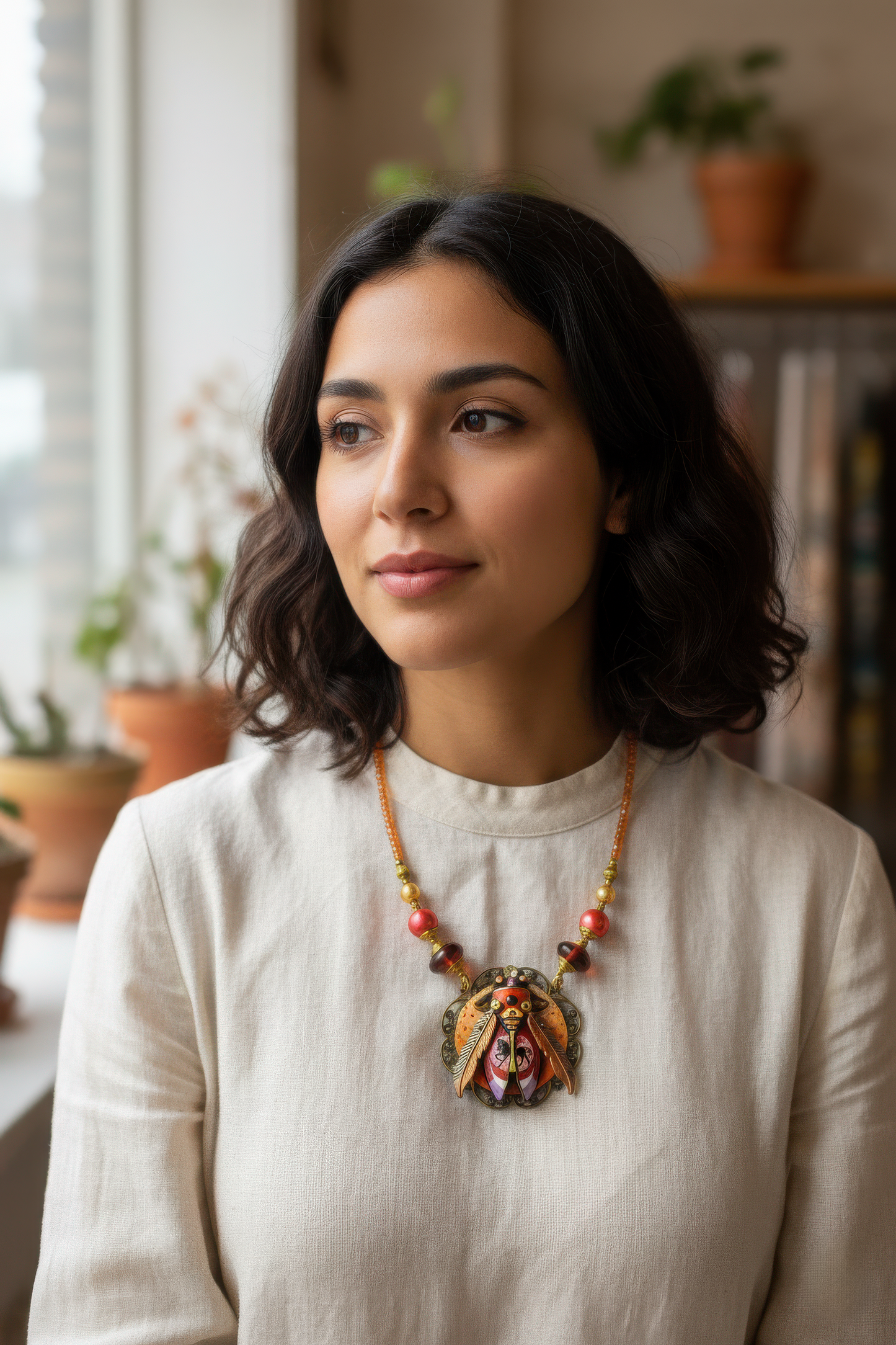 Woman wearing a necklace with a large pendant indoors