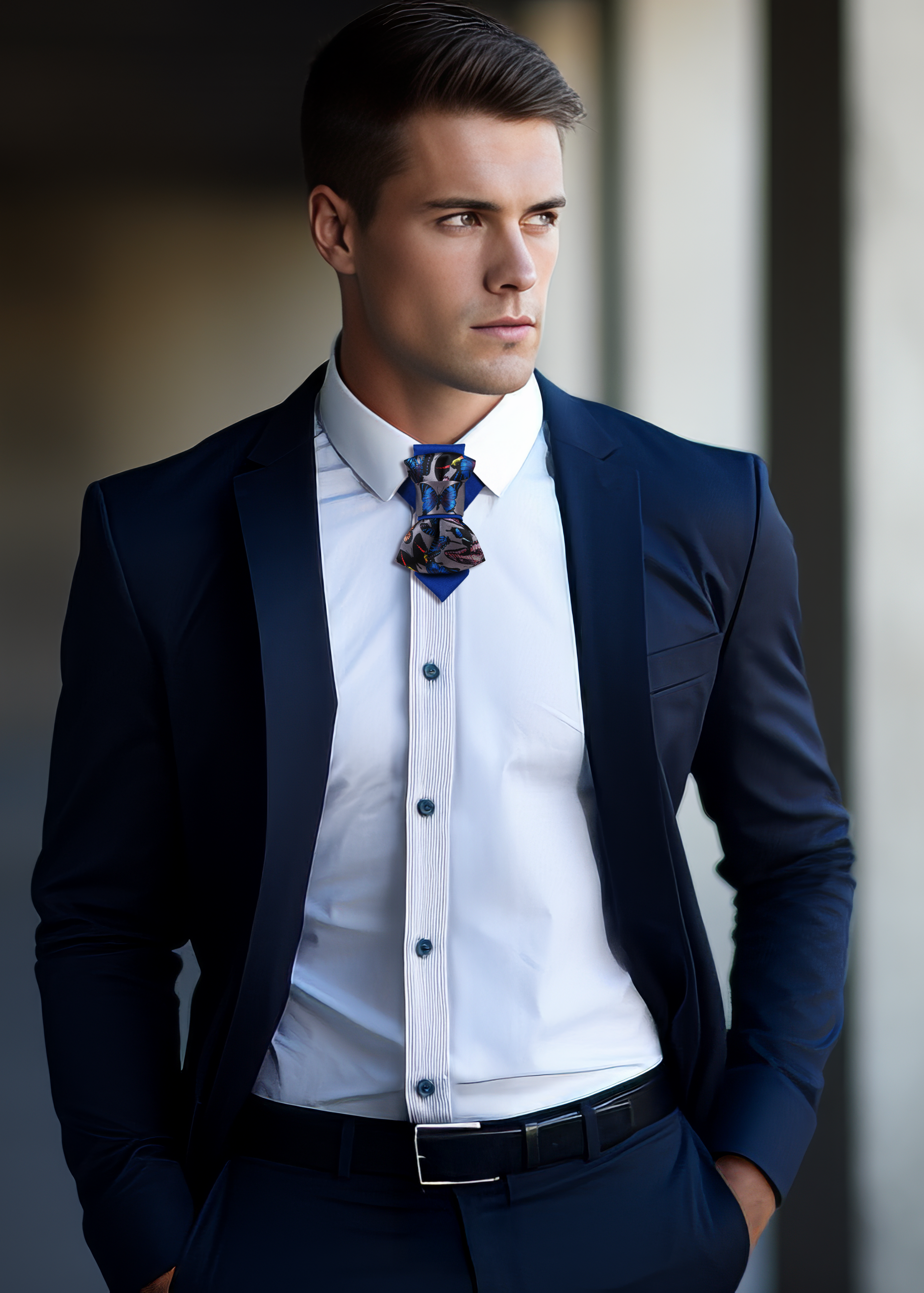 Handmade blue bow tie with butterfly print, Pre-tied bow tie for special occasions, Elegant unisex accessory with colorful butterflies, Blue bow tie with vibrant butterfly pattern, Luxury butterfly bow tie in gift box, Family-friendly handmade tie from Lithuania, Stylish blue bow tie for all ages, Fashion bow tie designed by Rūta Piekurienė