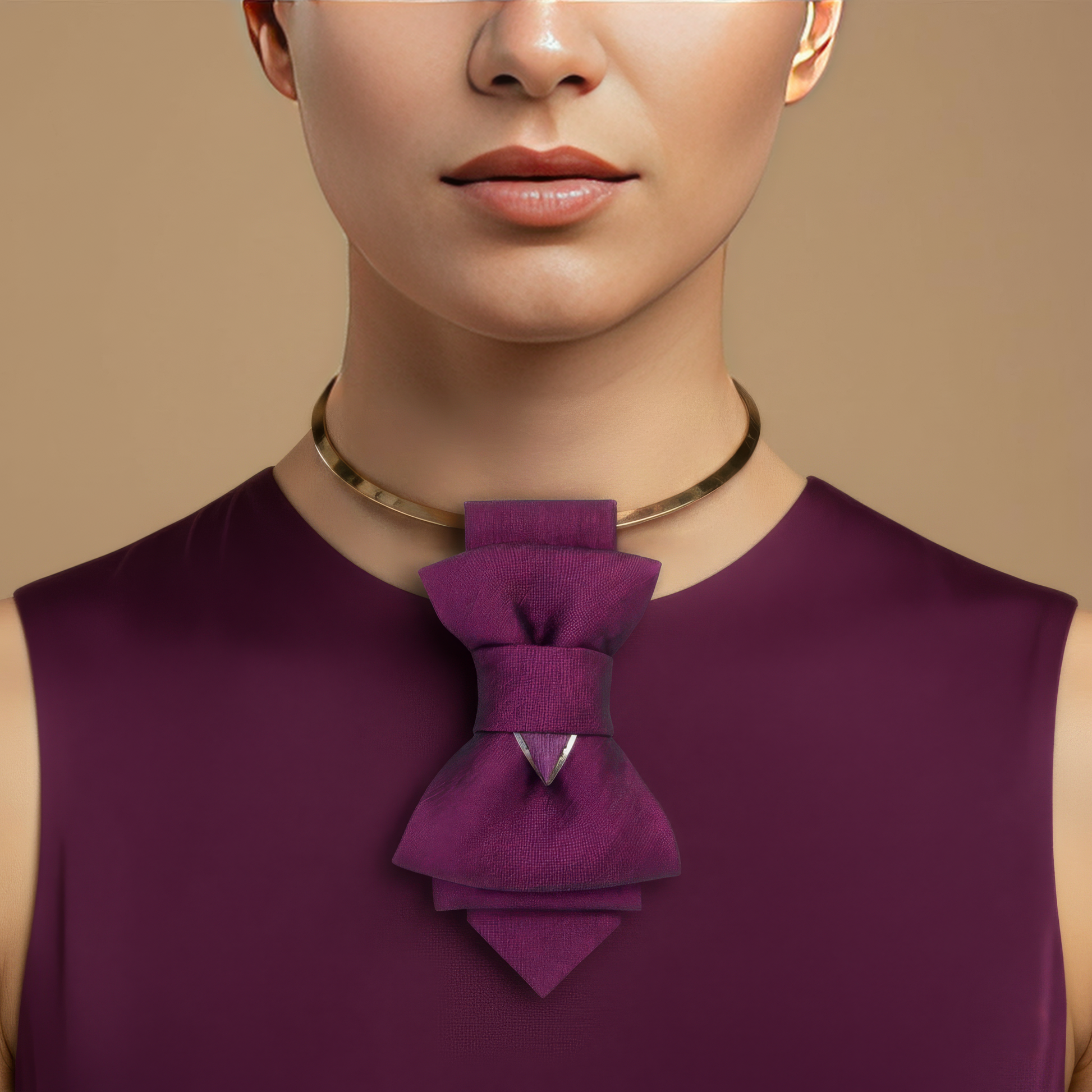Purple necktie accessory on a person wearing a purple top against a beige background Purple bow-shaped necklace on a model against a beige background HOPPER TIE CYCLAMEN FOR LADIES, Unique bow ties, Designer bow ties, Handmade bow ties, Fashion bow ties, Statement bow ties, Creative bow ties, Stylish bow ties, Trendy bow ties, Colourful bow ties, Bold bow ties, Funky bow ties, Artistic bow ties, Handmade purple necktie, Unique women's necktie, Elegant purple necktie, Custom necktie for women, High-quality p