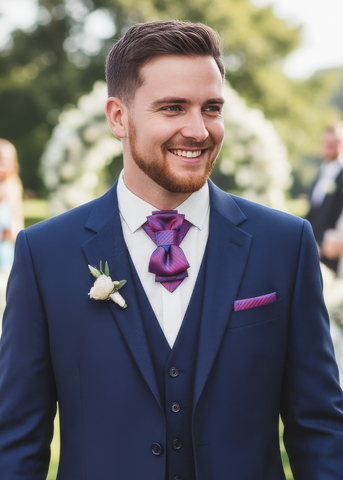 Man in a blue suit with a purple tie and pocket square at an outdoor event grrom tie, purple striped necktie, blue suit, outdoor wedding, elegant, smiling
Men's wedding necktie, unique purple pattern, elegant bow tie, formal wear, groom attire
Designer cravat, sophisticated men's accessory, striped bow tie, luxury wedding fashion
Purple striped necktie, boutonniere, wedding suit, stylish groom, formal event