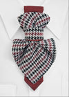 Pair of houndstooth patterned socks on a white background premium handmade knitted houndstooth tie in burgundy, luxury italian silk wool blend necktie with red pied-de-poule pattern, unique red and black patterned tie for wedding or business attire, close-up of high-quality wool knit scarf style tie with abstract design, elegant burgundy and black dogtooth patt