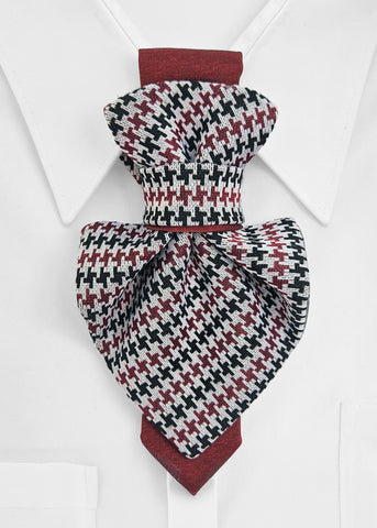 Pair of houndstooth patterned socks on a white background premium handmade knitted houndstooth tie in burgundy, luxury italian silk wool blend necktie with red pied-de-poule pattern, unique red and black patterned tie for wedding or business attire, close-up of high-quality wool knit scarf style tie with abstract design, elegant burgundy and black dogtooth patt