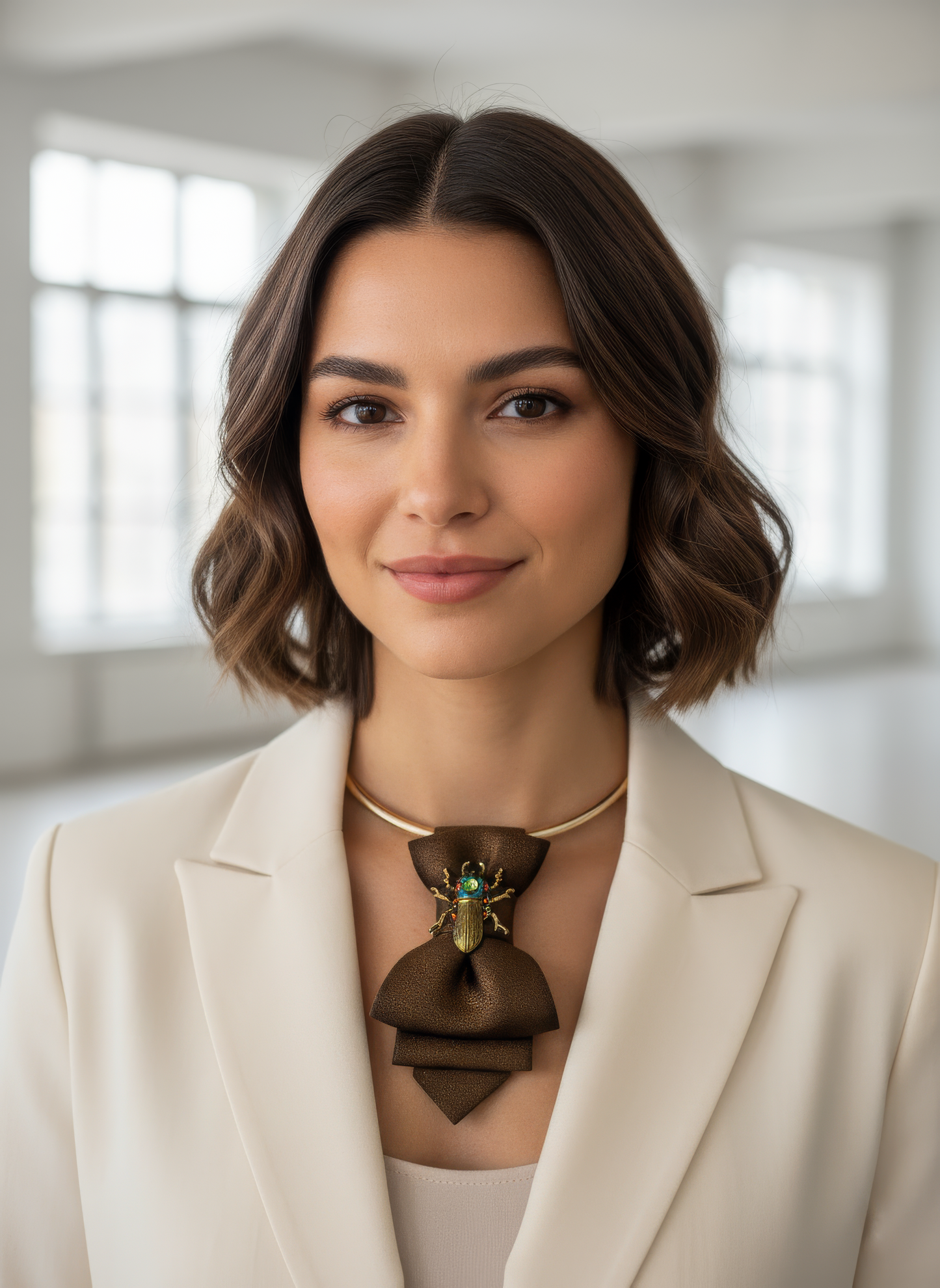 Woman wearing a beige blazer and a unique necklace with a blurred background Woman, beige blazer, brown bow-tie necklace, beetle pendant, modern setting
Brown necktie necklace, unique beetle jewelry, statement accessory, elegant, women's fashion
Gold choker, brown bow tie, insect embellishment, formal jewelry, office wear
Fashion necklace, beetle brooch, brown accessory, stylish, high-end jewelry
