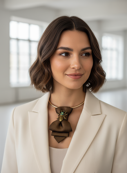 Woman wearing a beige blazer and a unique necklace with a blurred background Woman, beige blazer, brown bow-tie necklace, beetle pendant, modern setting
Brown necktie necklace, unique beetle jewelry, statement accessory, elegant, women's fashion
Gold choker, brown bow tie, insect embellishment, formal jewelry, office wear
Fashion necklace, beetle brooch, brown accessory, stylish, high-end jewelry