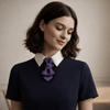 Woman wearing a dark blue dress with a white collar and a purple bow tie against a neutral background Luxury handmade unisex wedding tie, structured statement neckwear for men and women, elegant formal accessory, modern ascot style tie, groom wedding outfit detail, bridal party fashion, minimalist chic collar tie, everyday sophisticated women’s accessory, designer neckpiece, premium craftsmanship, unique bow style tie, artistic formalwear accent, fashion forward unisex necktie, special occasion accessory, c