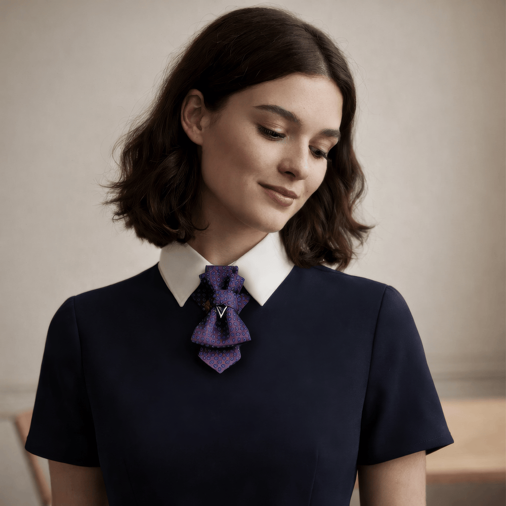 Woman wearing a dark blue dress with a white collar and a purple bow tie against a neutral background Luxury handmade unisex wedding tie, structured statement neckwear for men and women, elegant formal accessory, modern ascot style tie, groom wedding outfit detail, bridal party fashion, minimalist chic collar tie, everyday sophisticated women’s accessory, designer neckpiece, premium craftsmanship, unique bow style tie, artistic formalwear accent, fashion forward unisex necktie, special occasion accessory, c