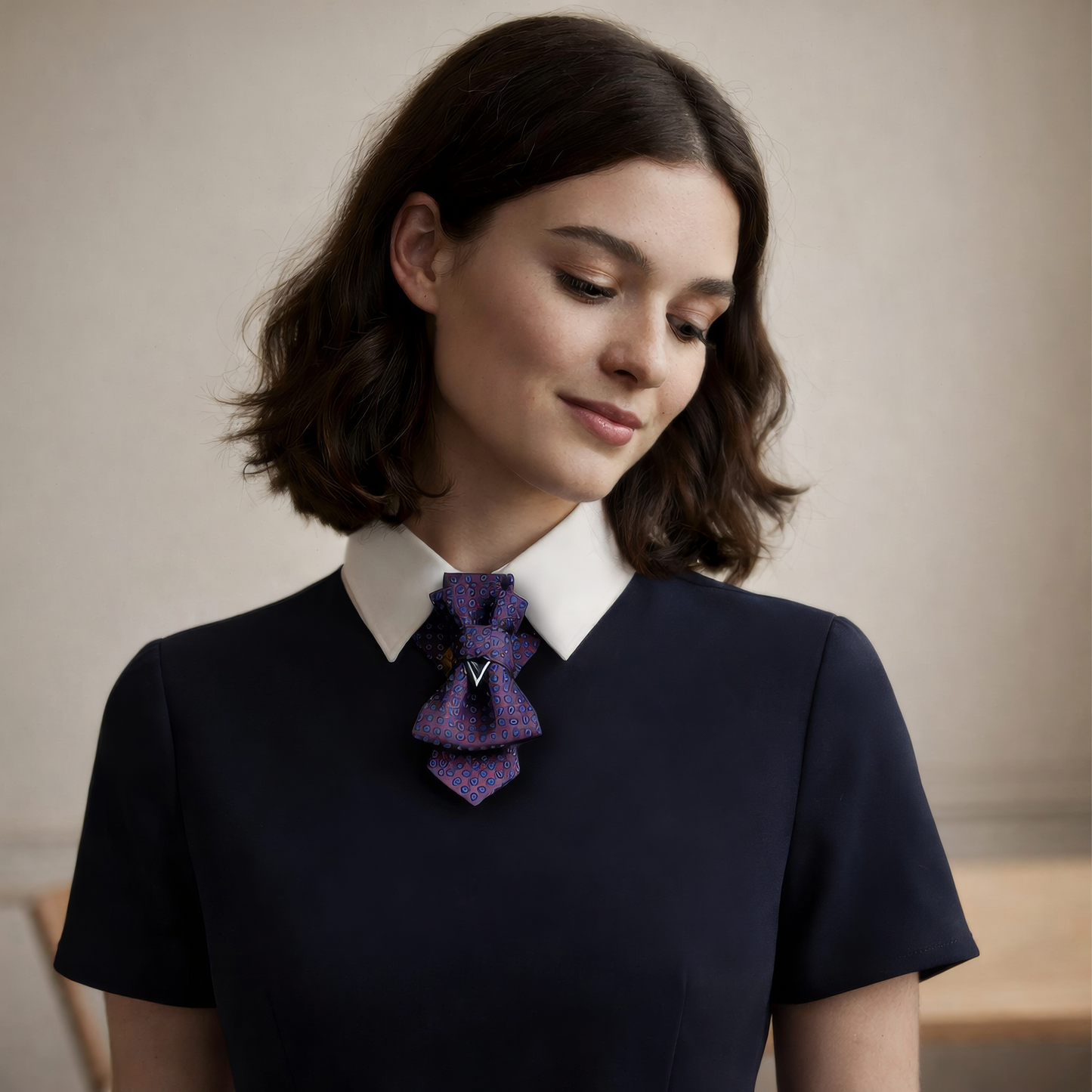 Woman wearing a dark blue dress with a white collar and a purple bow tie against a neutral background Luxury handmade unisex wedding tie, structured statement neckwear for men and women, elegant formal accessory, modern ascot style tie, groom wedding outfit detail, bridal party fashion, minimalist chic collar tie, everyday sophisticated women’s accessory, designer neckpiece, premium craftsmanship, unique bow style tie, artistic formalwear accent, fashion forward unisex necktie, special occasion accessory, c