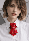 Red star pattern bow tie necklace for women, Handmade red statement neck accessory, Gold star fabric bow collar jewelry, Unique women necktie alternative fashion piece, Artistic red bow necklace for white shirt styling, Modern feminine neck accessory with gold detail, Couture style fabric bow tie for women, Elegant red collar statement jewelry, Festive red star bow neckpiece gift for her, Designer women tie necklace handmade, Bold red fashion accessory editorial style, Red bow collar necklace with gold acce