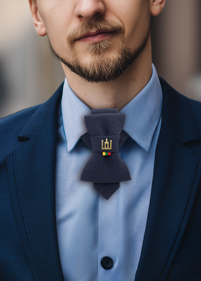 Man in a blue suit with a tie standing on a street Lithuanian heritage necktie, Gedimino stulpai, Gediminas Pillars tie, handmade symbolic tie, Baltic cultural accessory, jabot style neckwear, patriotic men’s fashion, tricolor ribbon necktie, freedom identity tie, elegant historical neckwear, Baltic pride tie, artisan men’s tie, traditional symbol cravat, modern ethnic accessory, small nation support fashion, Mediterranean style tie