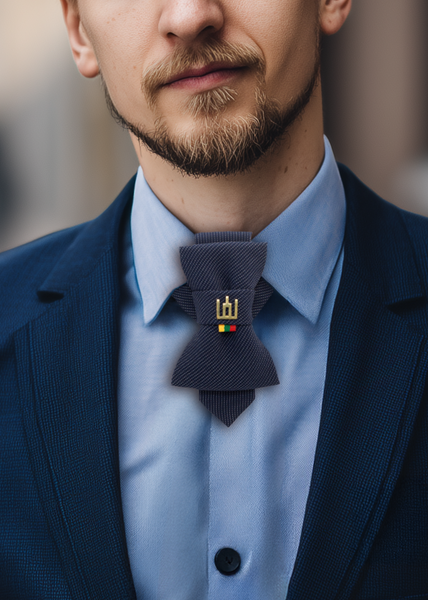 Man in a blue suit with a tie standing on a street Lithuanian heritage necktie, Gedimino stulpai, Gediminas Pillars tie, handmade symbolic tie, Baltic cultural accessory, jabot style neckwear, patriotic men’s fashion, tricolor ribbon necktie, freedom identity tie, elegant historical neckwear, Baltic pride tie, artisan men’s tie, traditional symbol cravat, modern ethnic accessory, small nation support fashion, Mediterranean style tie