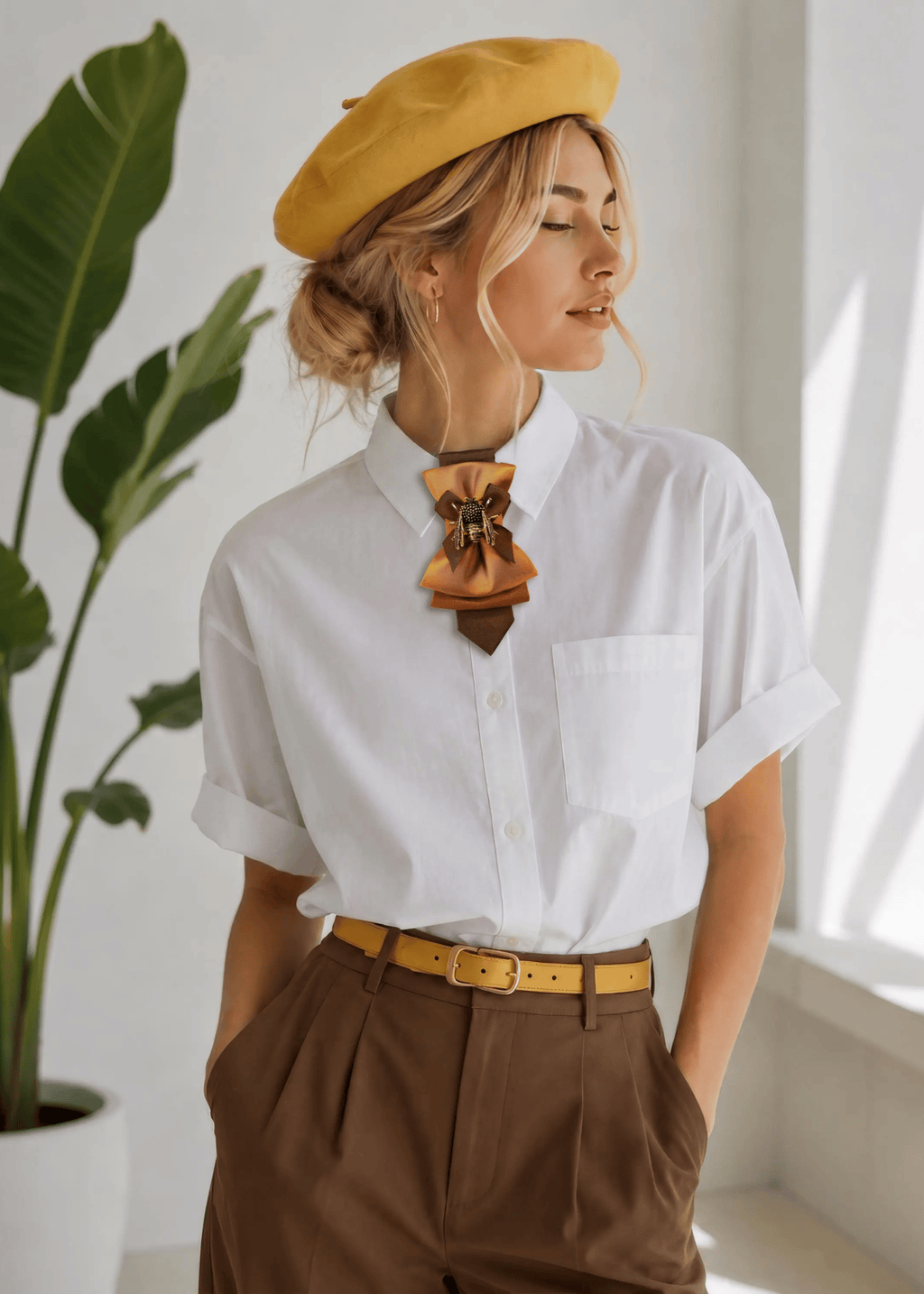 Stylish woman wearing a handmade gold bow tie with a white shirt and yellow beret