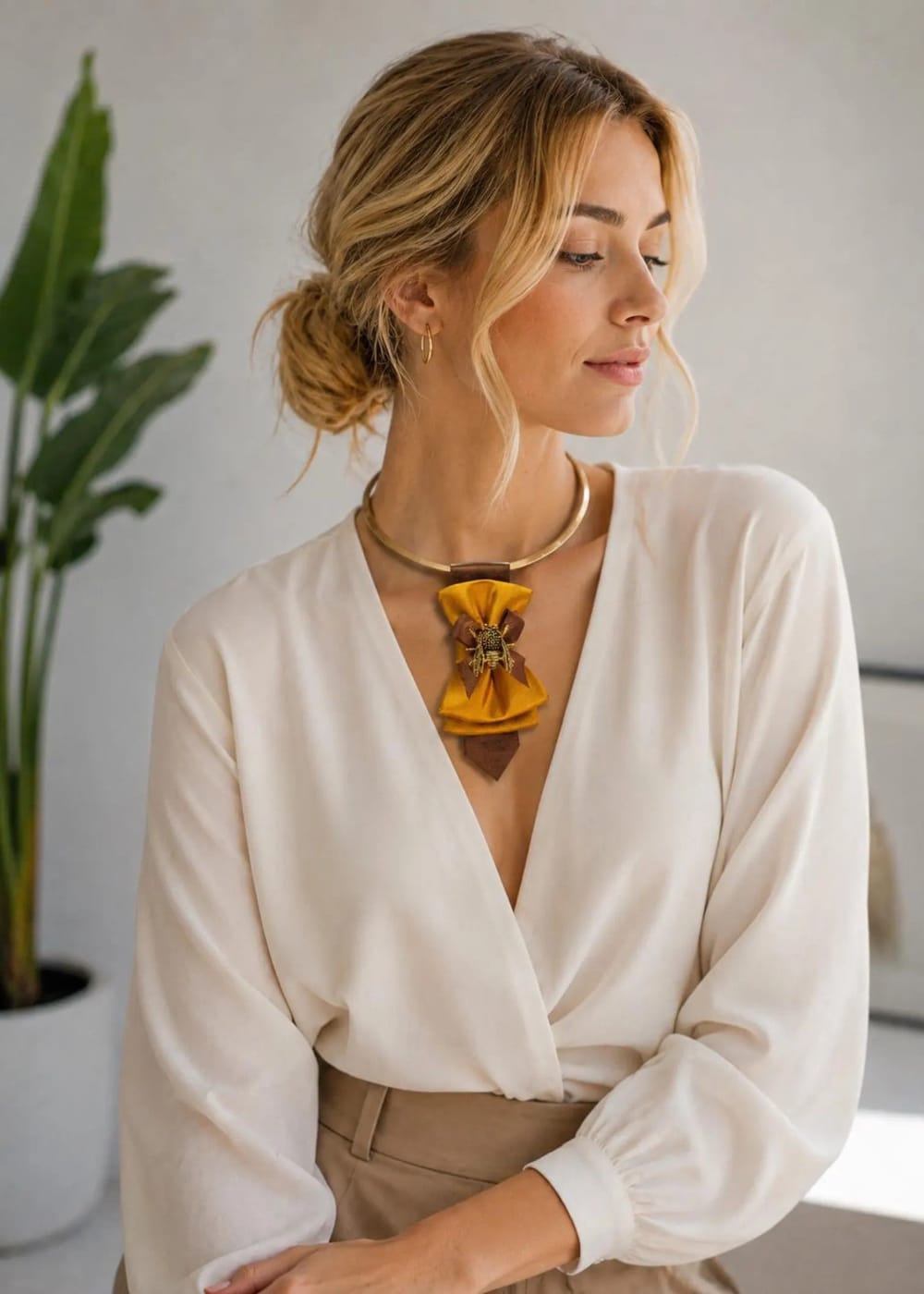 Elegant woman wearing a handmade gold bow tie with a bumblebee brooch accessory