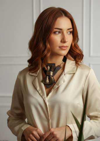 Woman wearing a beige blouse with a decorative scarf around her neck against a white wall. Handmade golden black neck accessory for women, luxury vertical bow tie design, elegant statement necklace alternative, unique creative fashion jewelry, modern artistic neckwear, unisex bold collar piece, evening wear accessory, handmade designer tie necklace, luxury golden accent accessory for women, stylish contemporary bow-inspired necktie, original handmade fashion detail.