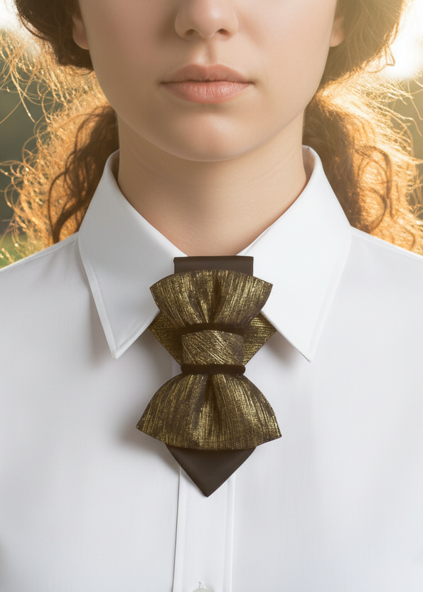 Person wearing a white shirt with a unique brown bow tie outdoors.