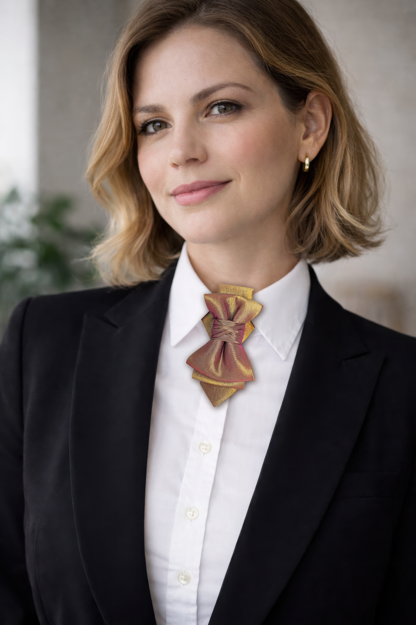 Woman wearing a black blazer and white shirt with a decorative bow tie against a neutral background Folded fabric with a decorative bow on a white background metallic plum gold womens necktie, bronze burgundy metallic bow tie for women, chameleon fabric neck accessory, handmade statement necktie, sculptural womens neckwear, metallic plum bronze neckpiece, luxury handmade womens neck accessory, artistic fabric necktie, modern designer womens bow tie, elegant metallic neckwear, unique womens fashion necktie, 