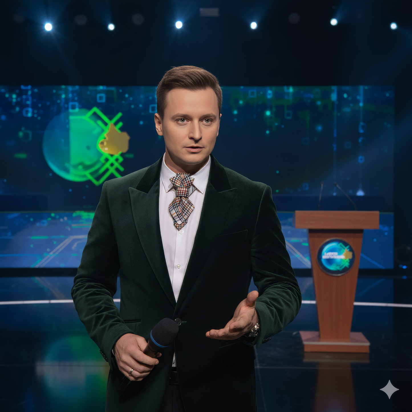 Man in a suit standing on a stage with a microphone, in front of a blue and green background Different bow tie, Kitoks kaklaraištis, Wedding ties for grooms, Green wedding tie, Unseen wedding tie, Unique bow tie, Modern bow tie, Luxury bow tie, Handmade bow tie, Groom bow tie, Groom wedding accessory, Wedding bow ties, Bow tie designs, Artistic bow tie, Kitoks kaklaraištis vestuvėms, Kitokia varlytė, Kitokia peteliškė, Stylish bow tie, Elegant bow tie, Fashion bow tie, Men’s bow tie, Unisex bow tie
