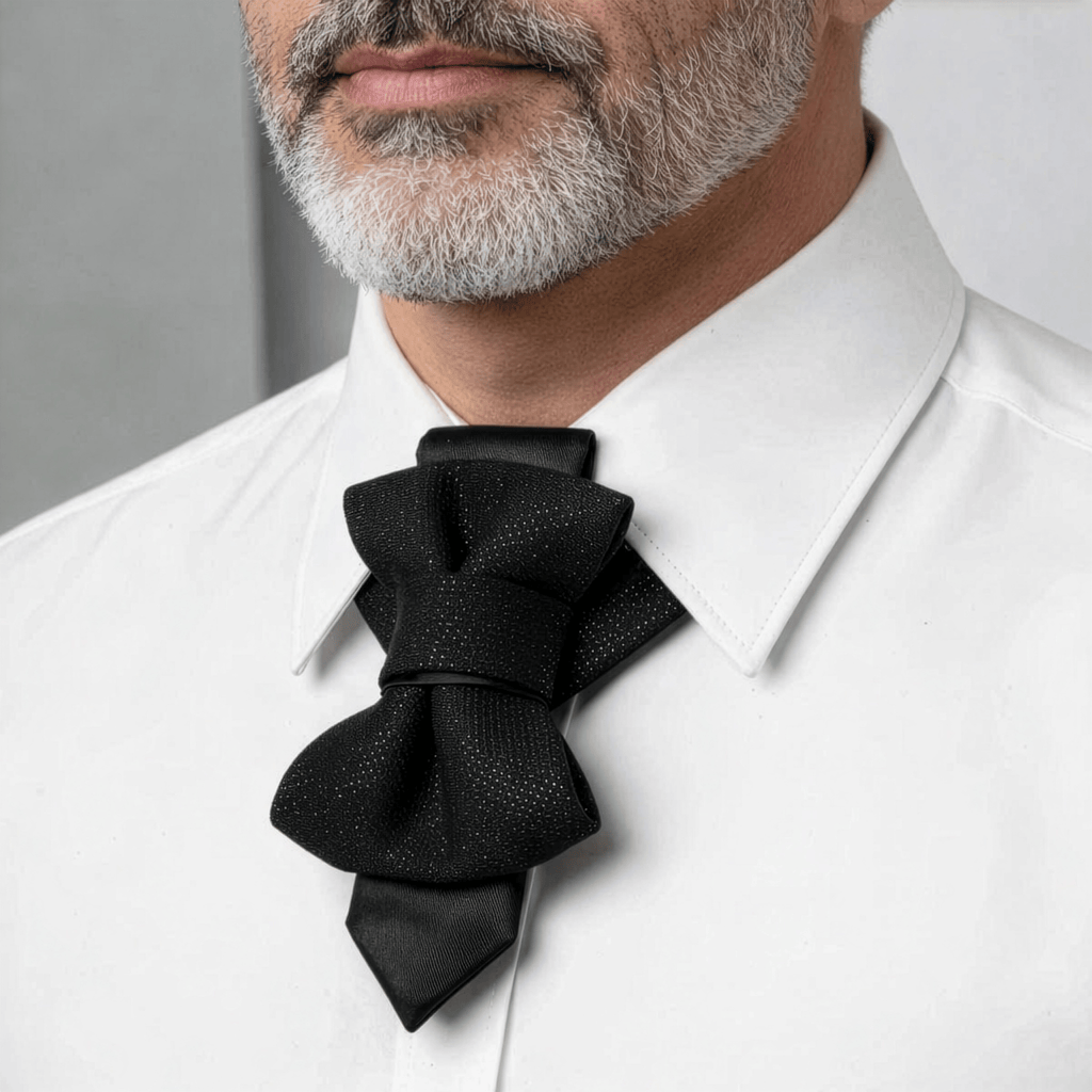 Man wearing a white shirt with a large black bow tie against a neutral background Handmade black hopper tie for wedding, original designer bow tie on white shirt, Luxury black wedding hopper tie, modern bow tie and necktie hybrid, Elegant handmade hopper tie for groom, minimalist black formal accessory, Original design black hopper tie, premium wedding bow tie for men, Modern black hopper tie for formal wear, handcrafted wedding neck accessory, Designer handmade hopper tie, sophisticated black tie