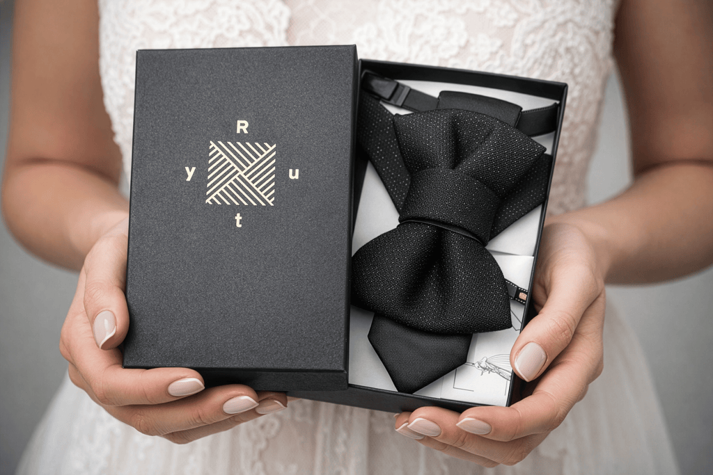 Person holding a box with black bow ties and 'RYU' branding Handmade black hopper tie for wedding, original designer bow tie on white shirt, Luxury black wedding hopper tie, modern bow tie and necktie hybrid, Elegant handmade hopper tie for groom, minimalist black formal accessory, Original design black hopper tie, premium wedding bow tie for men, Modern black hopper tie for formal wear, handcrafted wedding neck accessory, Designer handmade hopper tie, sophisticated black tie