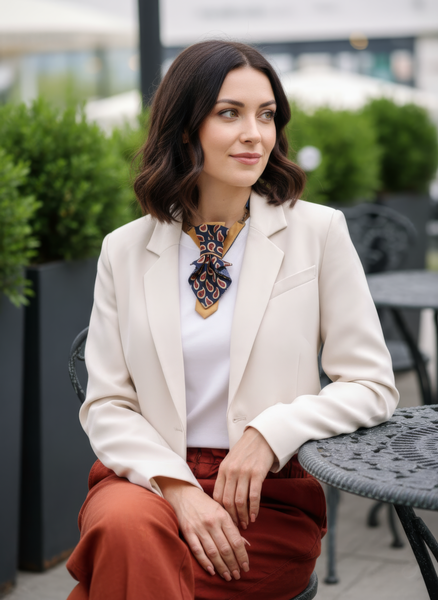 Woman sitting outdoors wearing a beige blazer and red pants with a patterned scarf, beige blazer, rust pants, outdoor cafe, elegant
Designer necktie, unique pattern, women's statement jewelry, casual chic, sophisticated accessory
Silk necktie necklace, abstract print, stylish fashion, outdoor setting, versatile accessory
Handmade necktie, patterned bow, elegant women's jewelry, business casual, modern style tie
